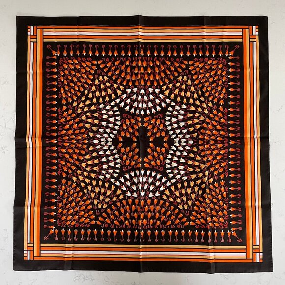 Vintage Floral Print Stripe Border 26.5" x 26.5" Sq Scarf Orange Wht Yel Brn Blk - Picture 1 of 6
